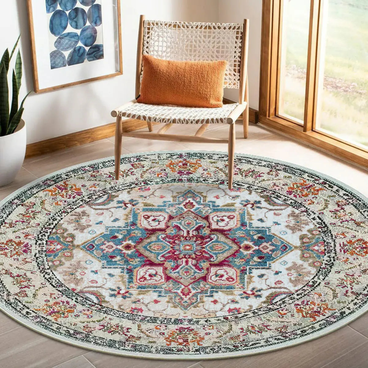 Vintage Floral Round Medallion Anti-Slip Area Rug Image - 3