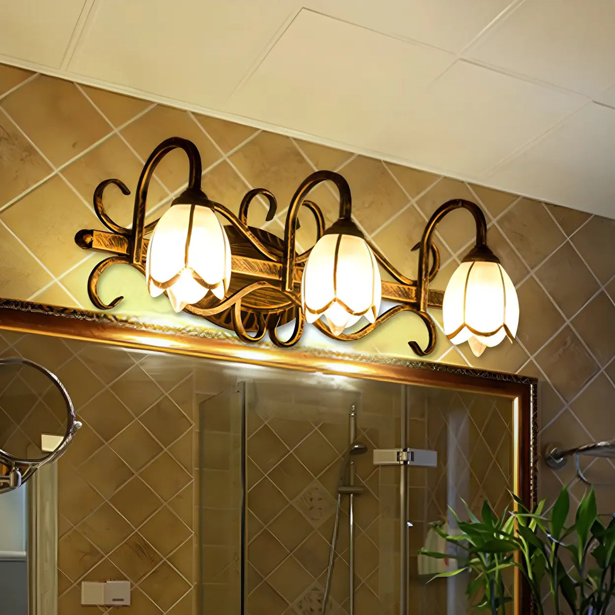 Vintage Flower Shade Multi-Light Brass Vanity Light Image - 7