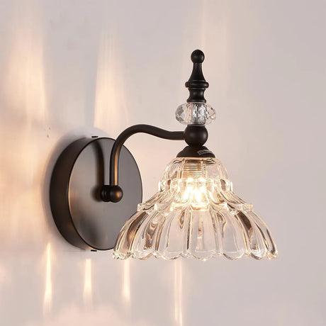 Vintage Flower-Shape Carved Glass Black Vanity Light Image - 1