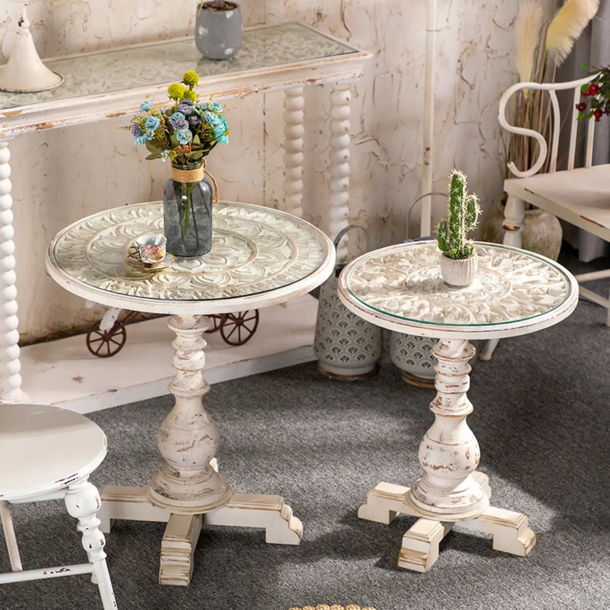 Vintage French Country Distressed Wood Beige Pedestal Side Table Image - 1