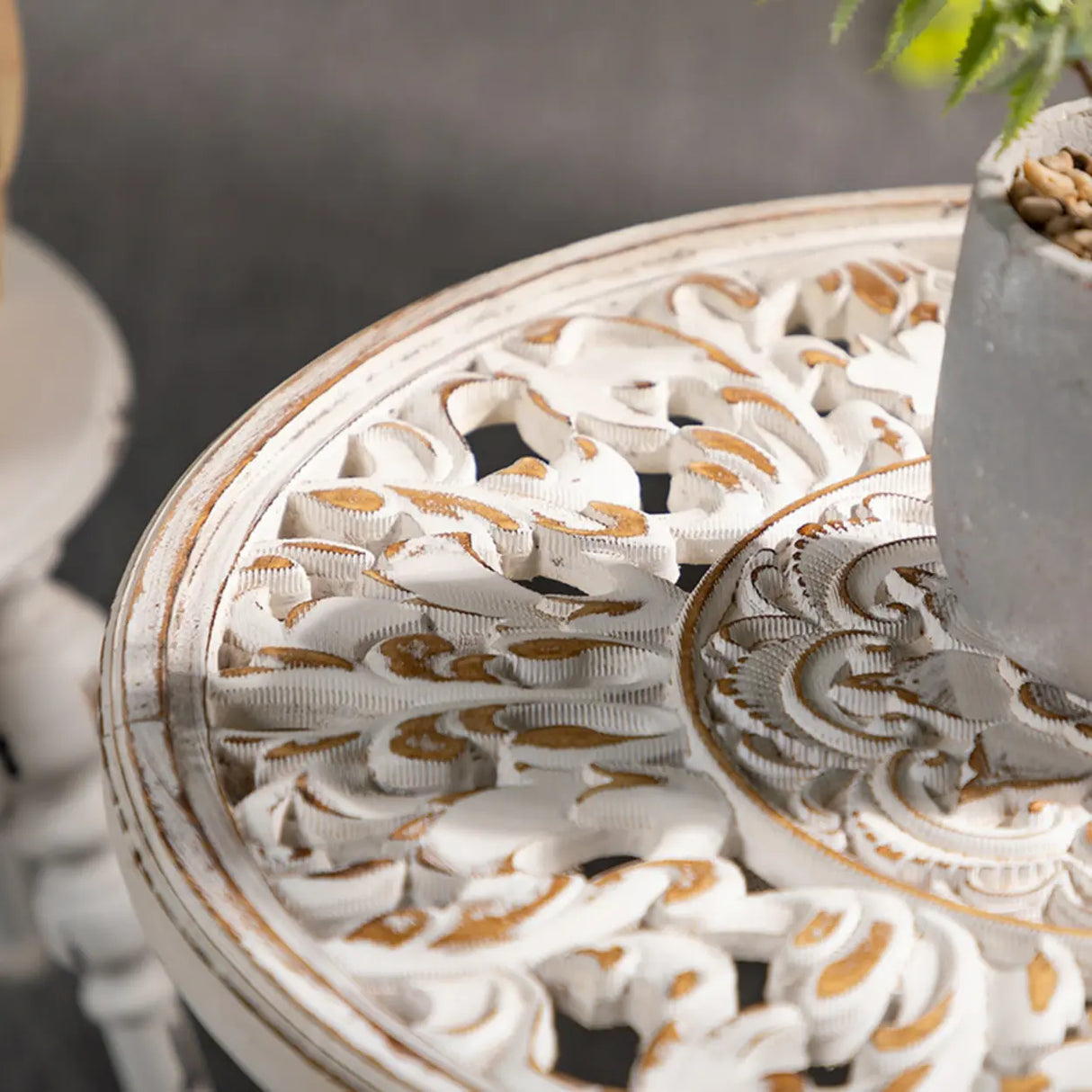 Vintage French Country Distressed Wood Beige Pedestal Side Table Image - 11