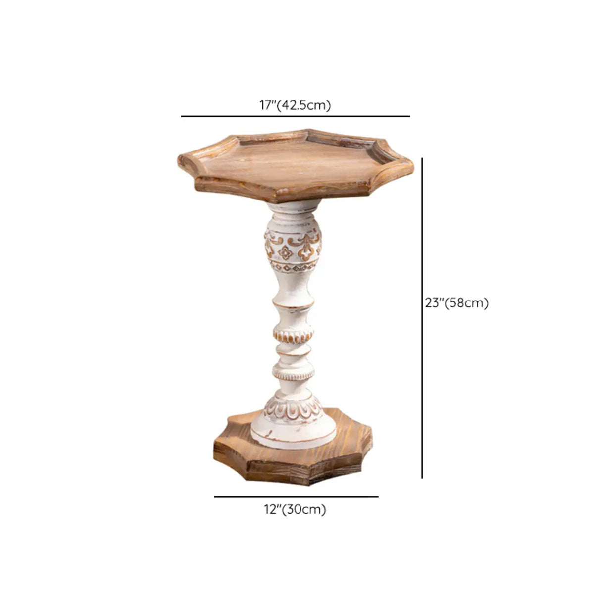 Vintage French Country Distressed Wood Beige Pedestal Side Table