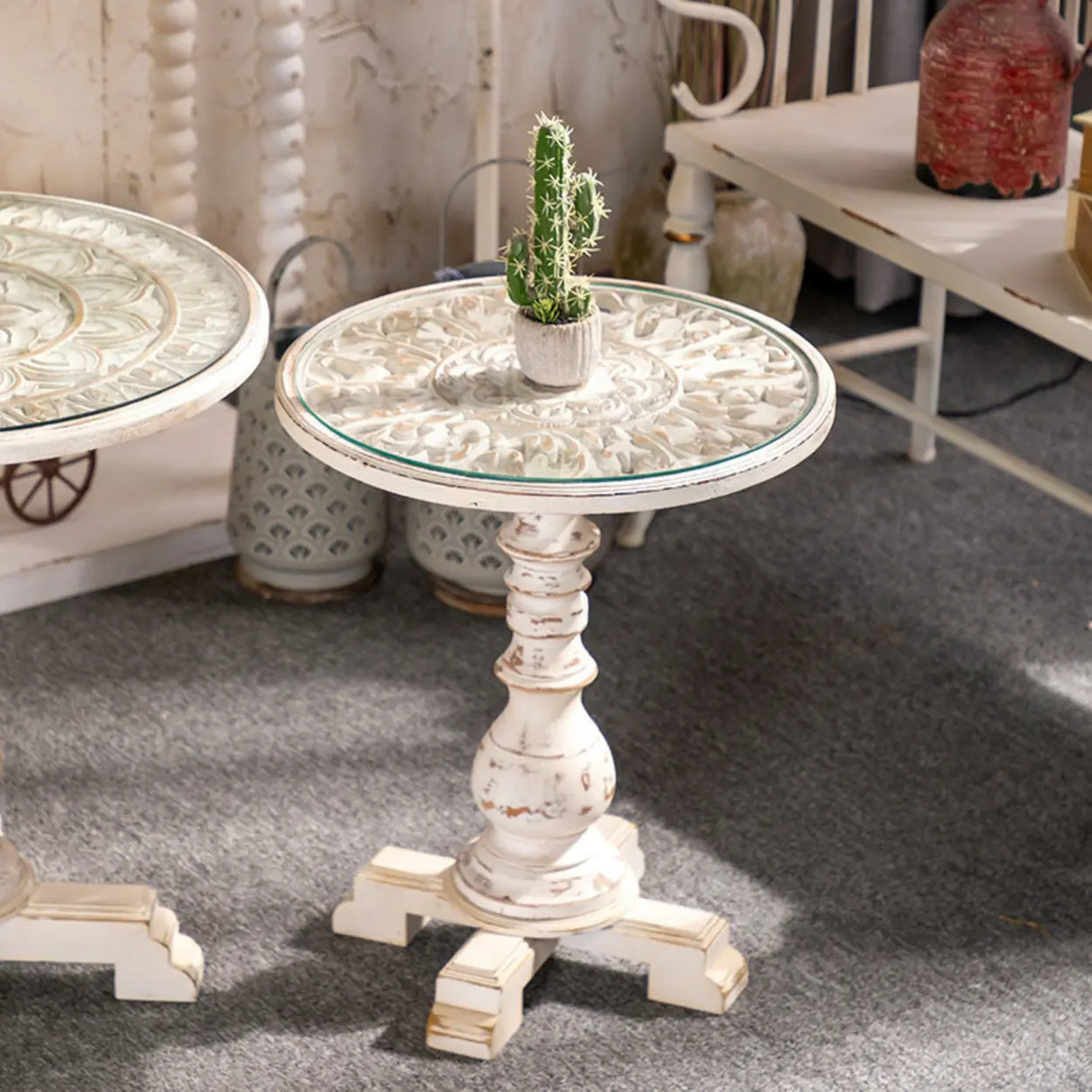 Vintage French Country Distressed Wood Beige Pedestal Side Table Image - 2