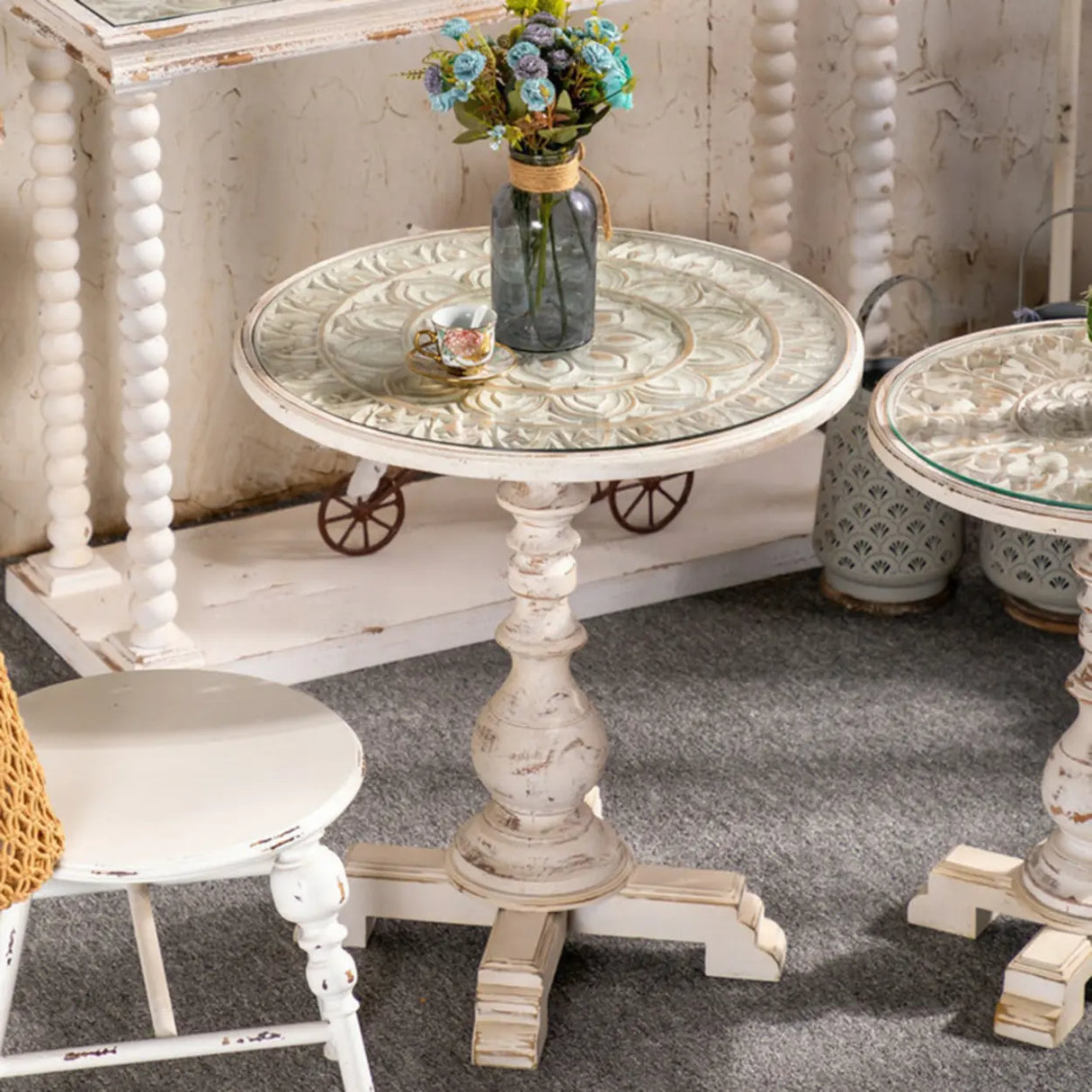 Vintage French Country Distressed Wood Beige Pedestal Side Table Image - 3