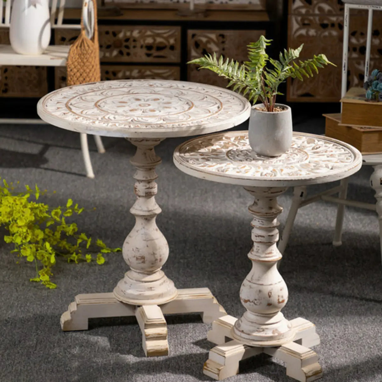 Vintage French Country Distressed Wood Beige Pedestal Side Table Image - 4