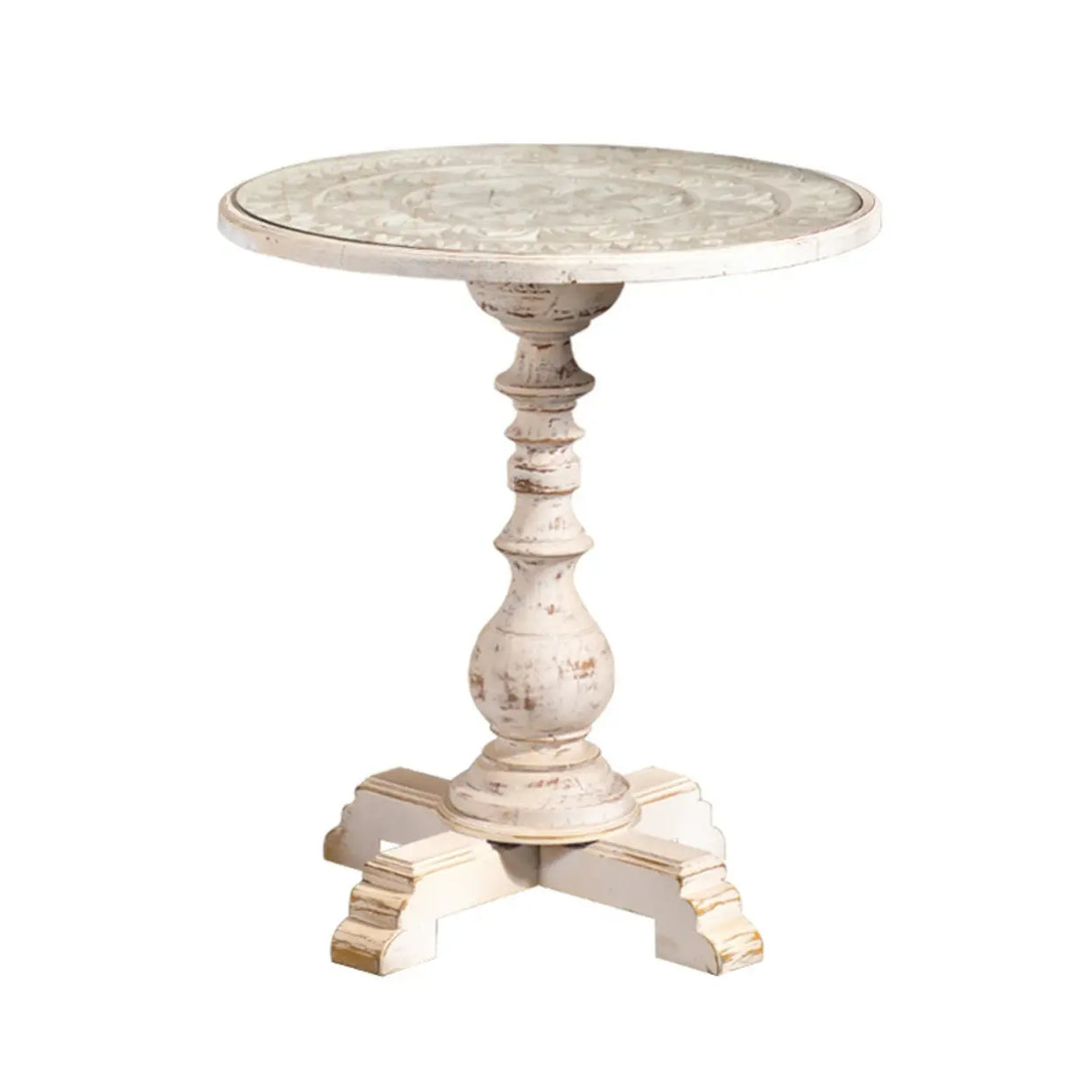 Vintage French Country Distressed Wood Beige Pedestal Side Table Image - 5