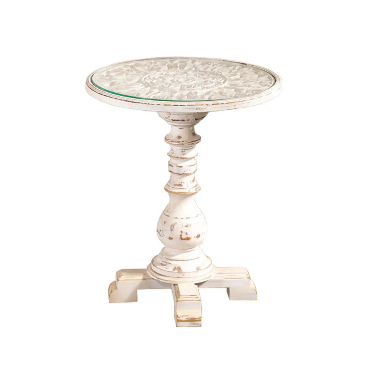 Vintage French Country Distressed Wood Beige Pedestal Side Table Image - 6