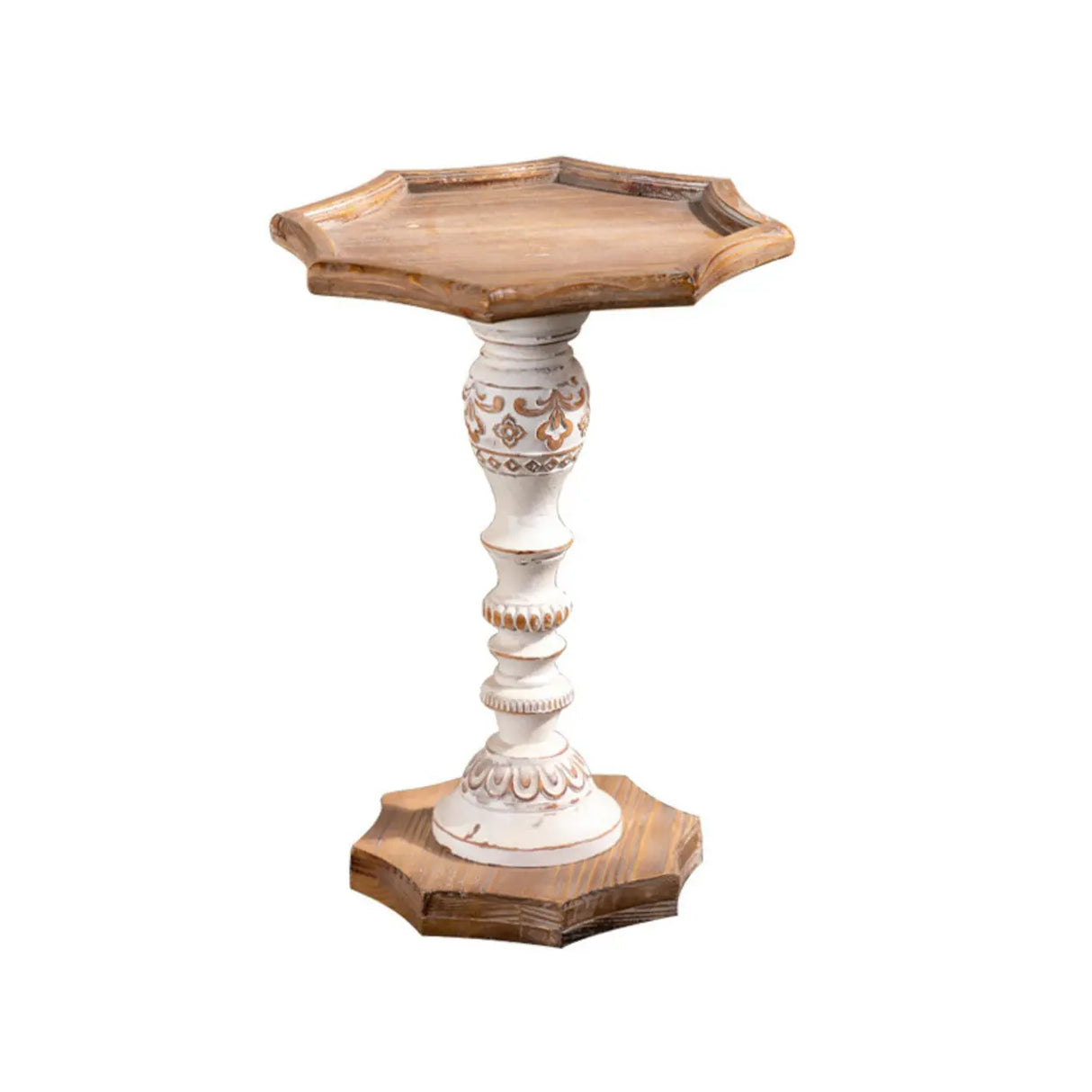 Vintage French Country Distressed Wood Beige Pedestal Side Table Image - 7