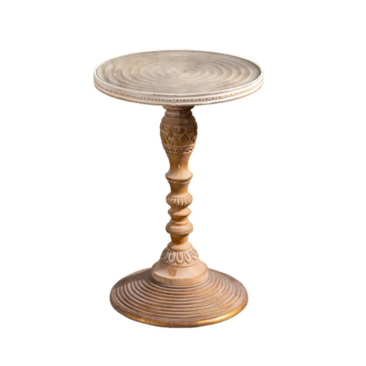 Vintage French Country Distressed Wood Beige Pedestal Side Table Image - 8