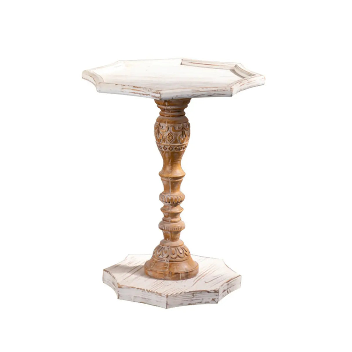 Vintage French Country Distressed Wood Beige Pedestal Side Table Image - 9