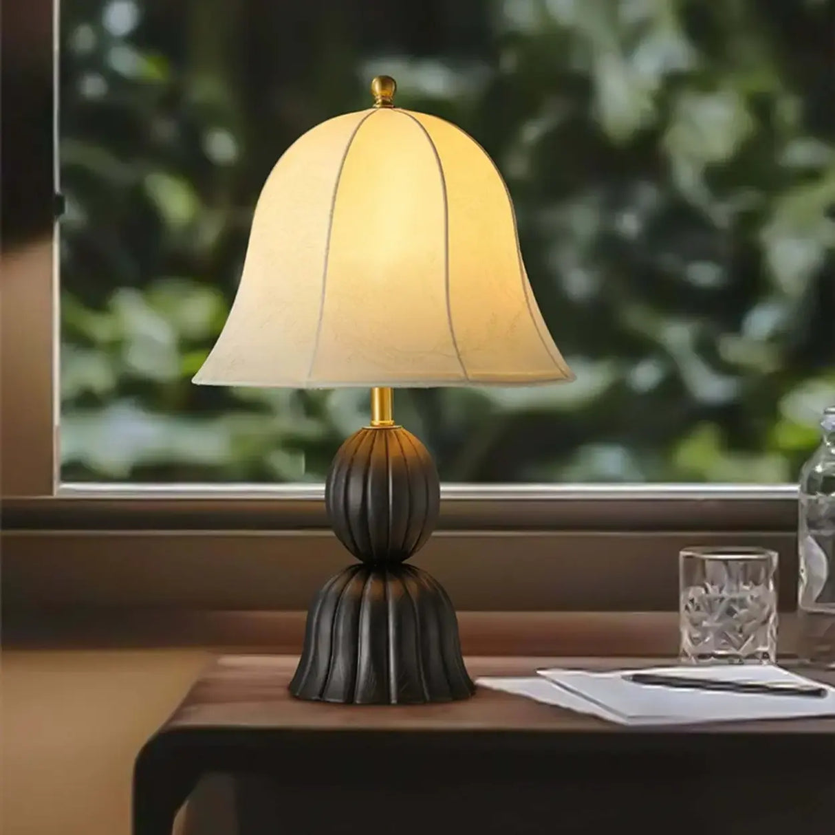 Vintage French Country Flower Pattern Beige Bell Table Lamp Image - 4