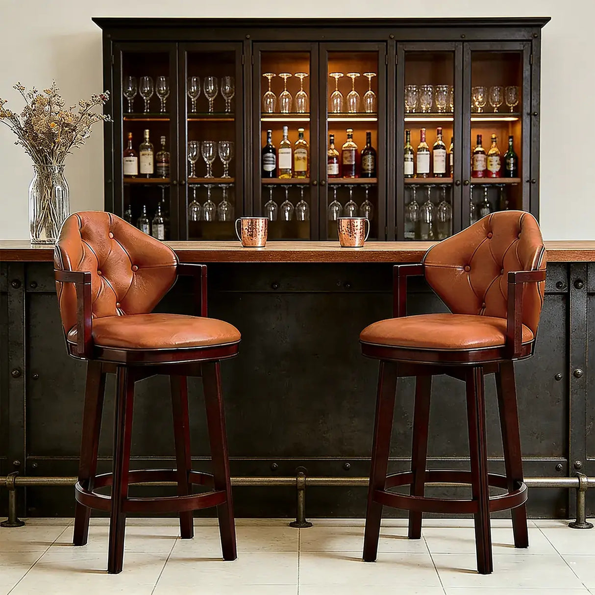 Vintage Genuine Leather Wingback Swivel Solid Wood Bar Stool Image - 11