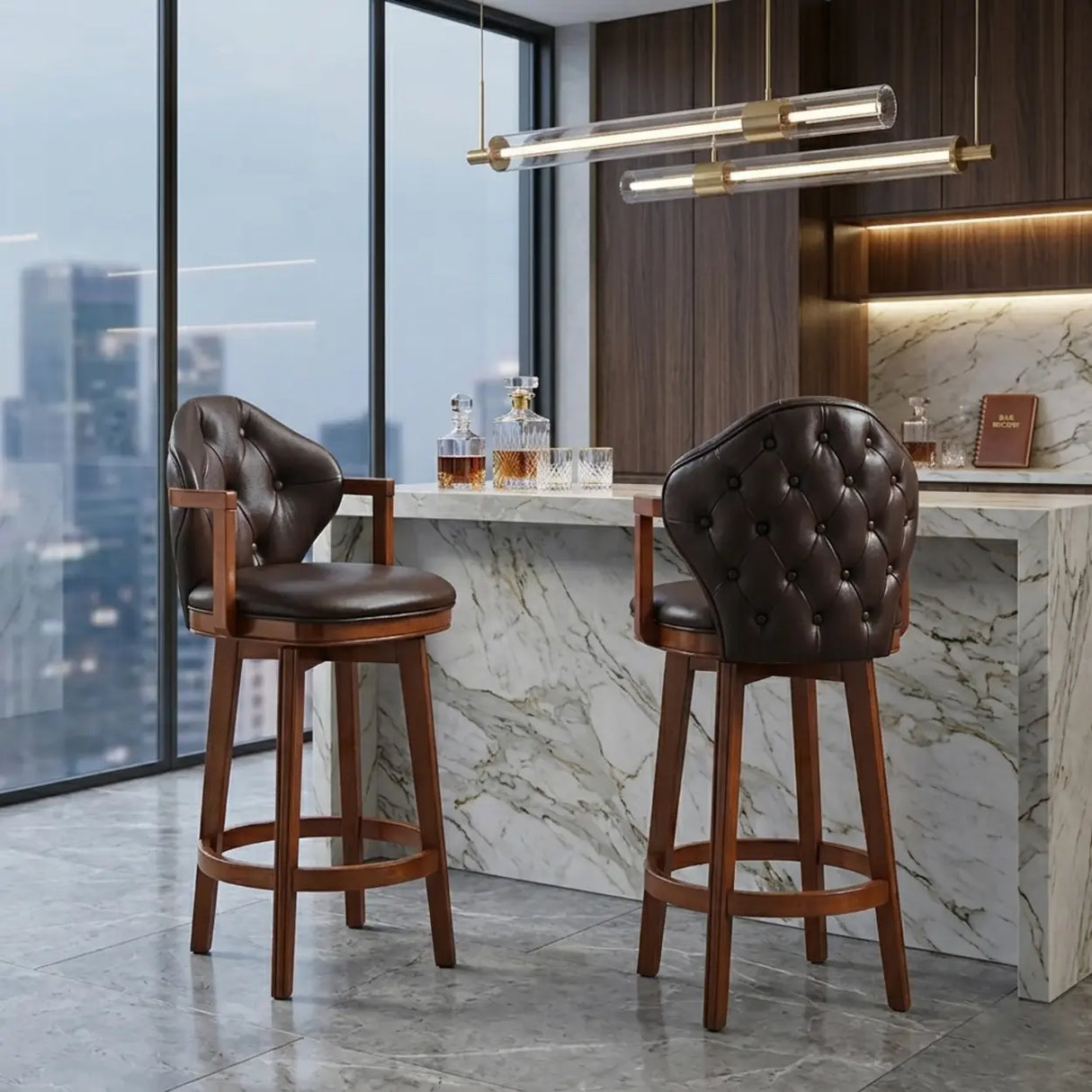 Vintage Genuine Leather Wingback Swivel Solid Wood Bar Stool Image - 3