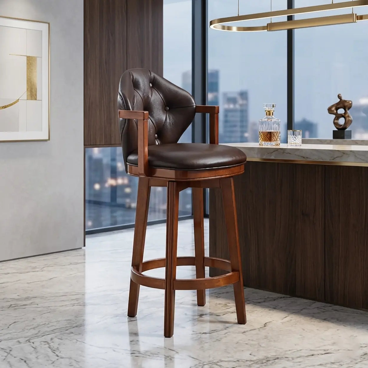 Vintage Genuine Leather Wingback Swivel Solid Wood Bar Stool Image - 4