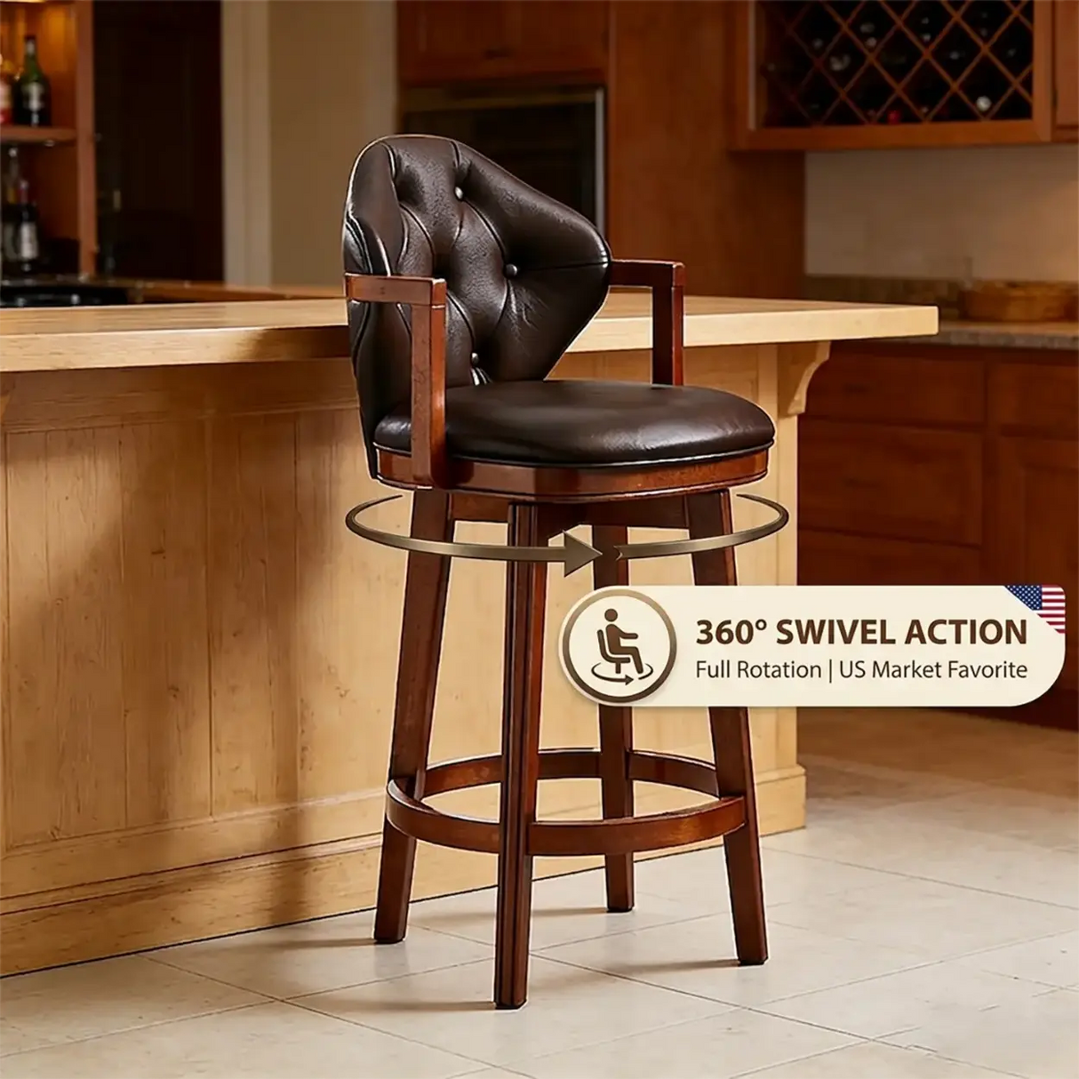 Vintage Genuine Leather Wingback Swivel Solid Wood Bar Stool Image - 6