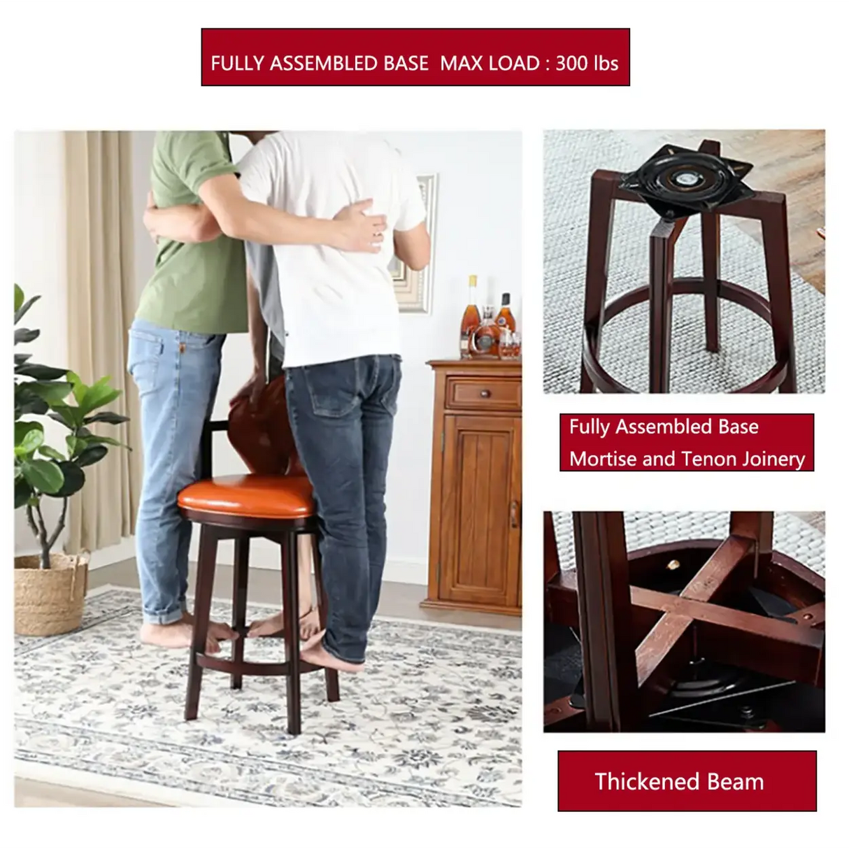 Vintage Genuine Leather Wingback Swivel Solid Wood Bar Stool Image - 7
