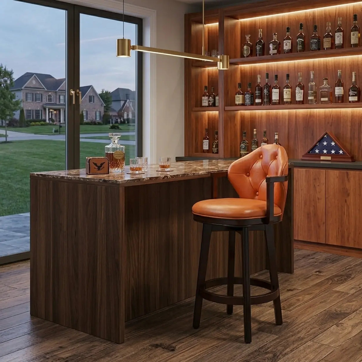 Vintage Genuine Leather Wingback Swivel Solid Wood Bar Stool Image - 9