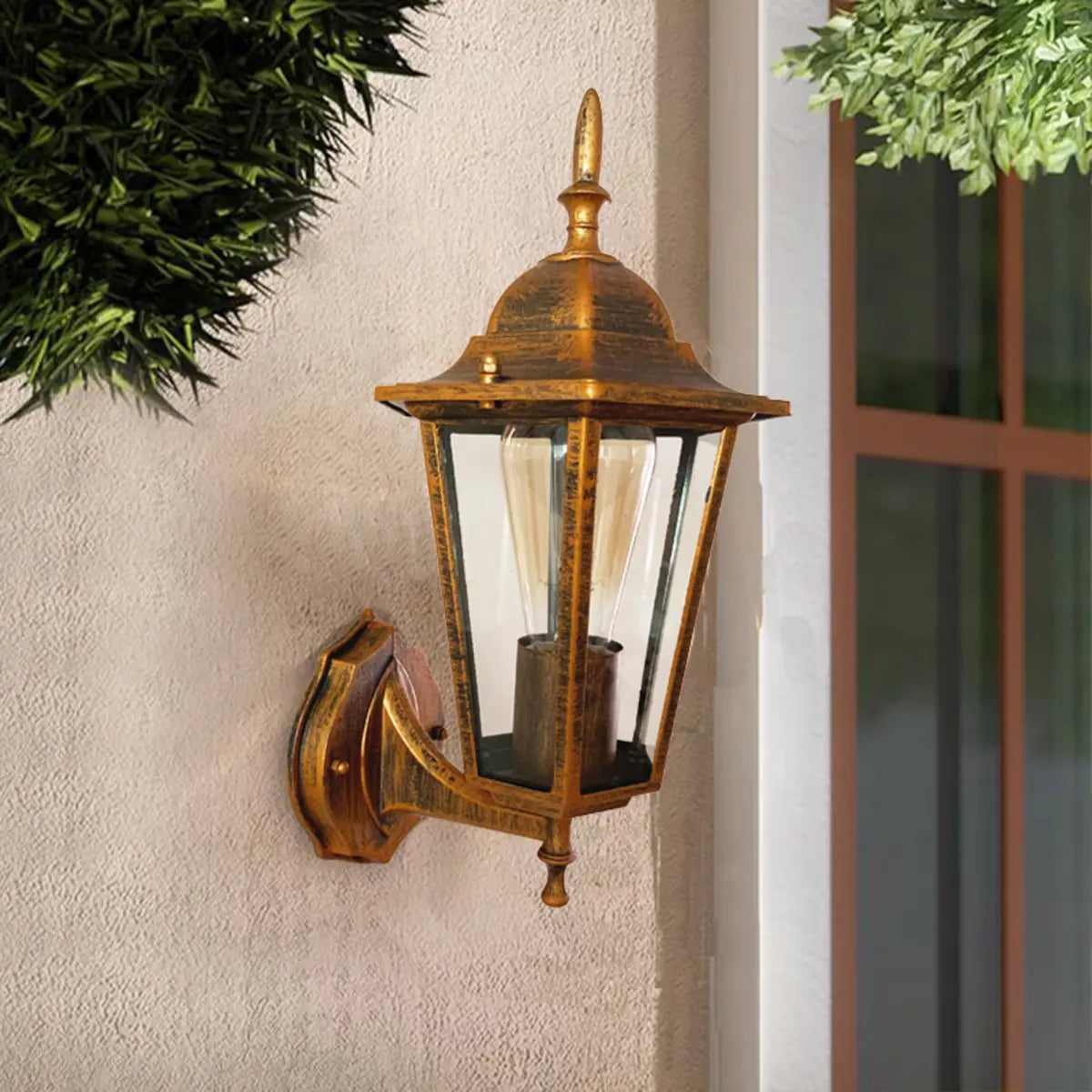 Vintage Glass Lantern Outdoor Ambient Wall Light Gold Image - 1