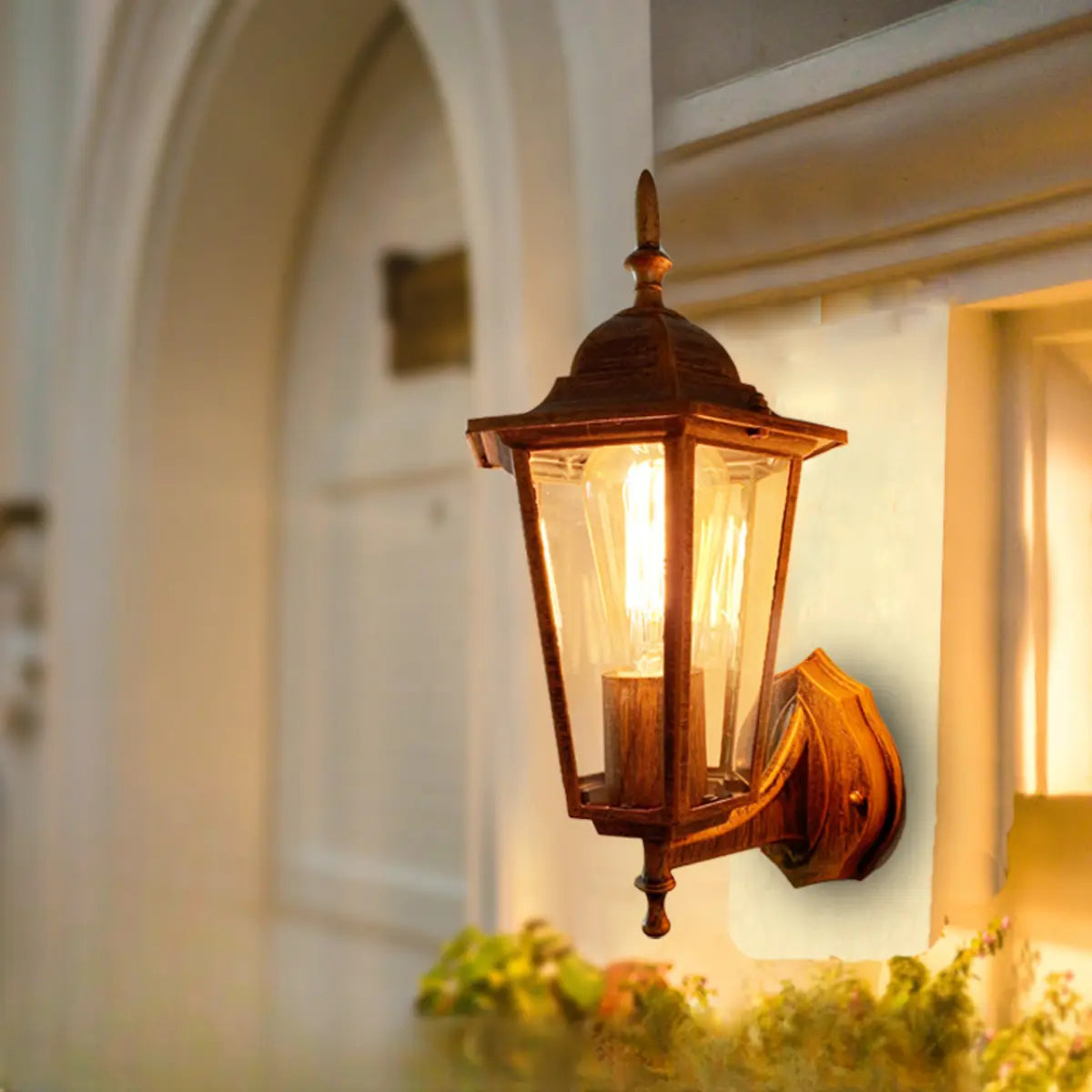 Vintage Glass Lantern Outdoor Ambient Wall Light Gold Image - 5