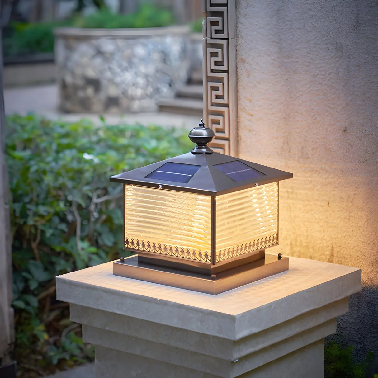 Vintage Glass Square Metal Outdoor Solar Table Lamp Image - 1