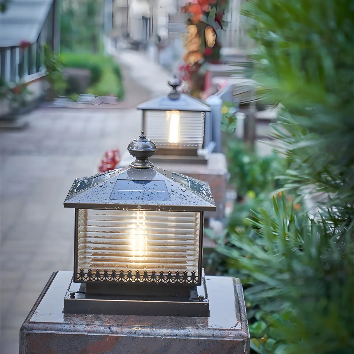 Vintage Glass Square Metal Outdoor Solar Table Lamp Image - 4