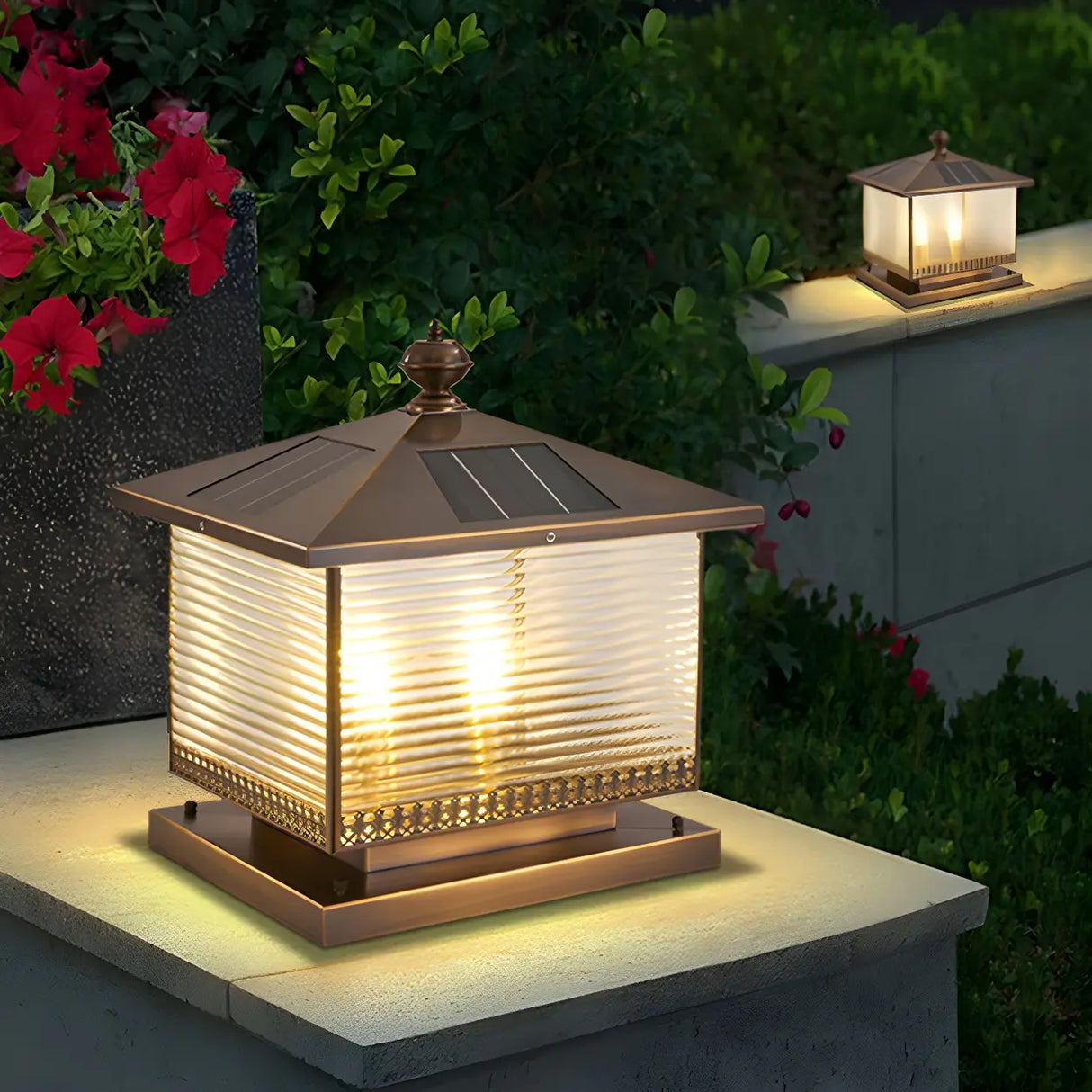 Vintage Glass Square Metal Outdoor Solar Table Lamp Image - 8