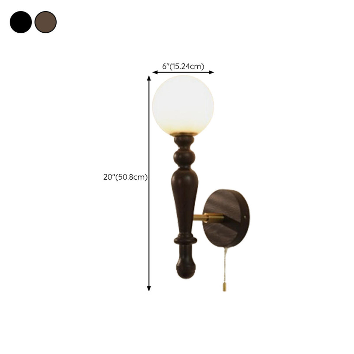 Vintage Globe Black Wood Wall Light with Pull Chain