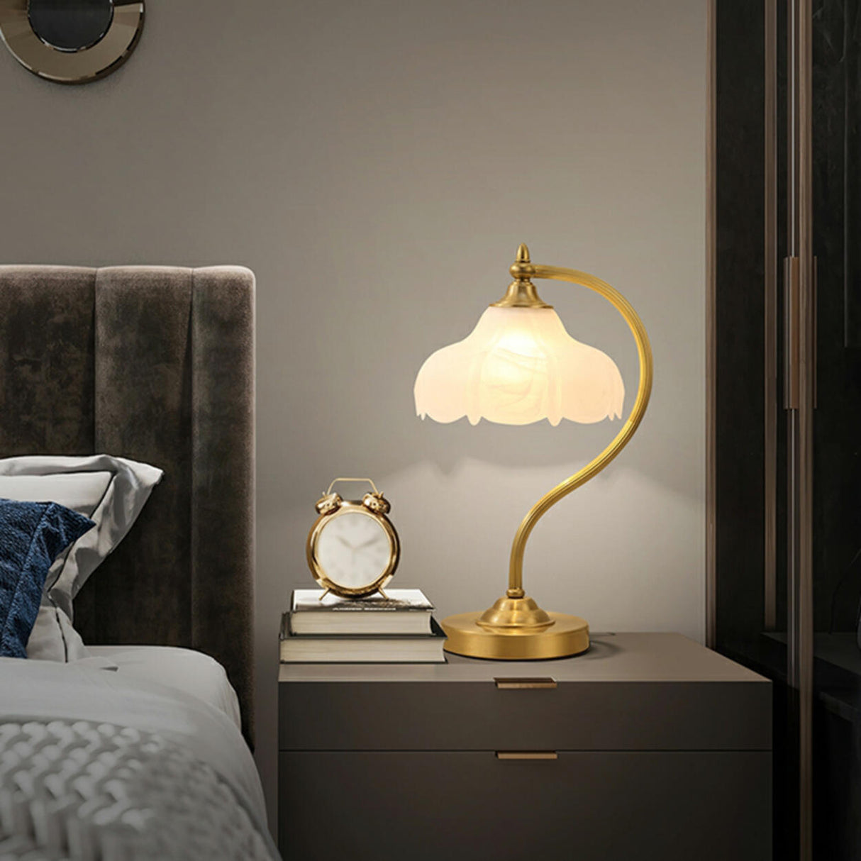 Vintage Gold Floral Shade Curved Bedside Table Lamp Image - 1