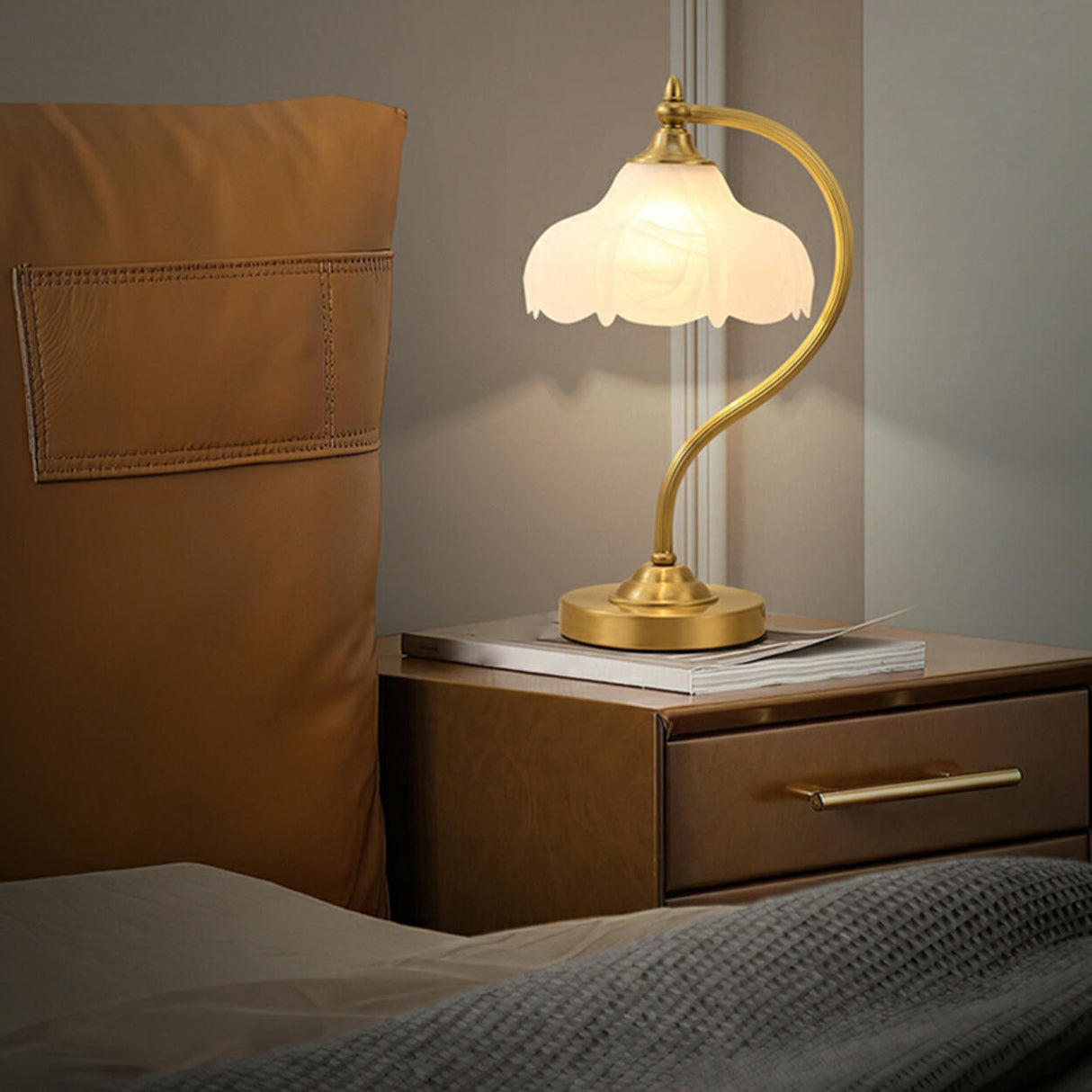 Vintage Gold Floral Shade Curved Bedside Table Lamp Image - 10