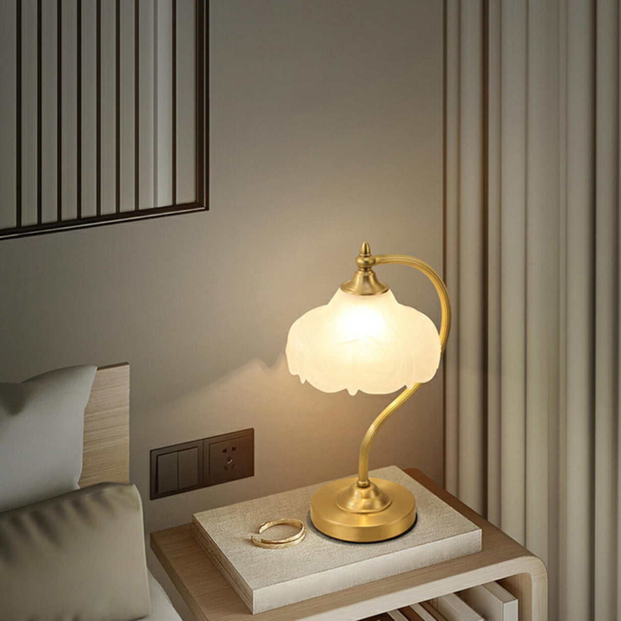 Vintage Gold Floral Shade Curved Bedside Table Lamp Image - 2