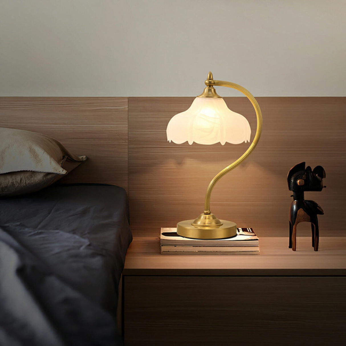 Vintage Gold Floral Shade Curved Bedside Table Lamp Image - 3