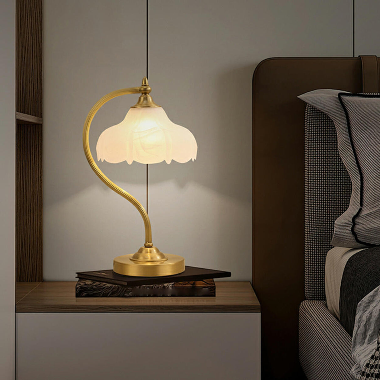 Vintage Gold Floral Shade Curved Bedside Table Lamp Image - 4