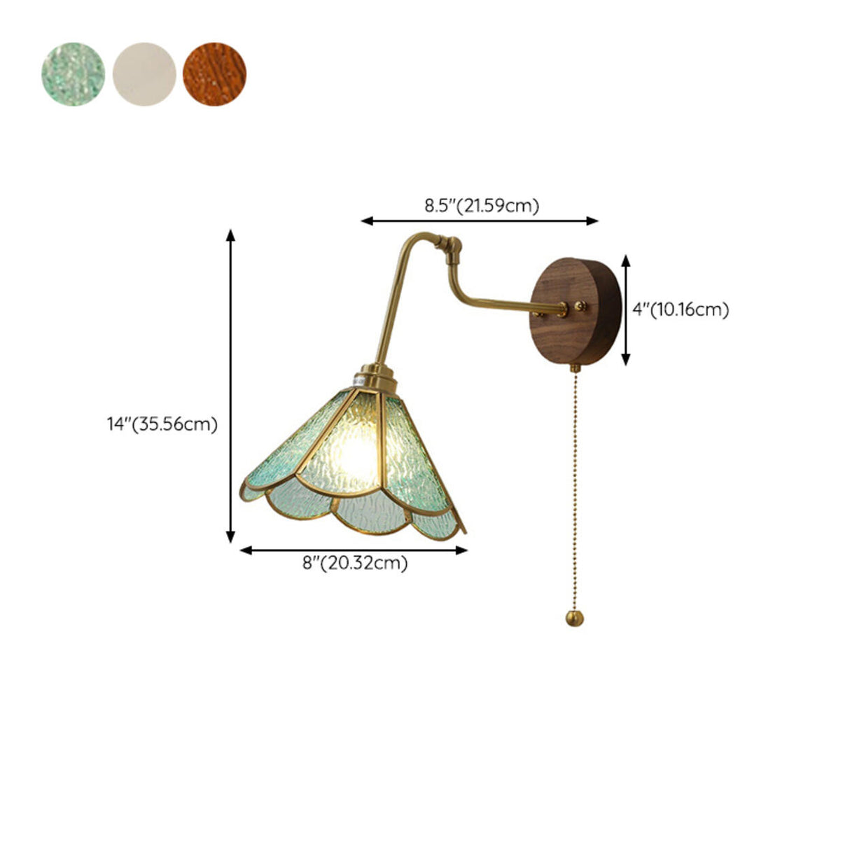 Vintage Green Floral Metal Wall Lamp with Pull Chain