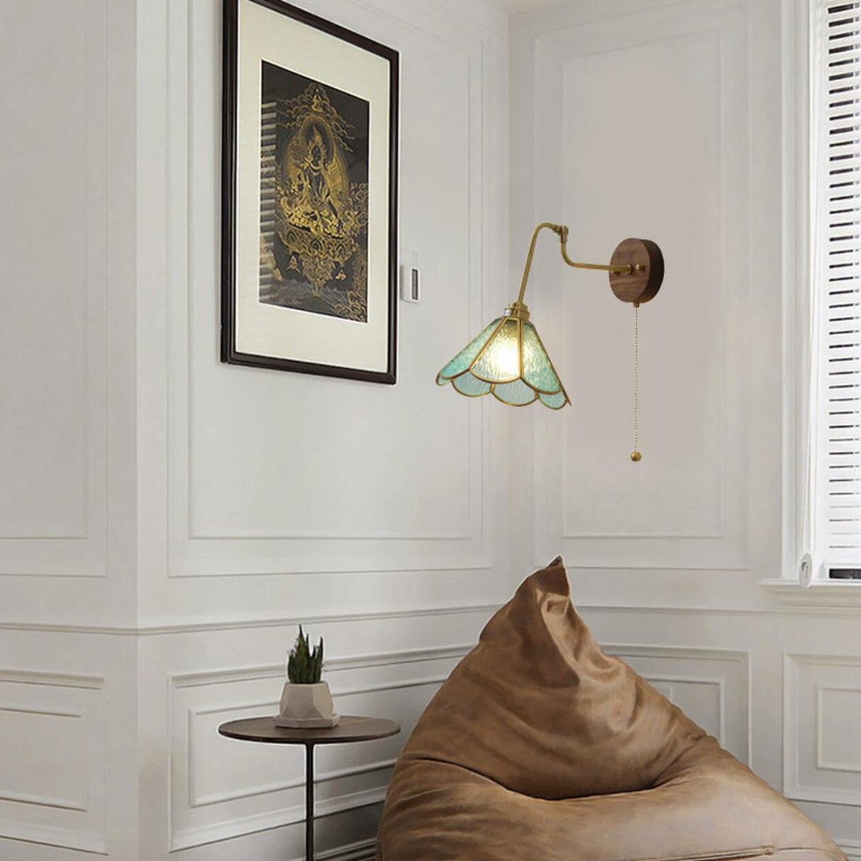 Vintage Green Floral Metal Wall Lamp with Pull Chain Image - 2