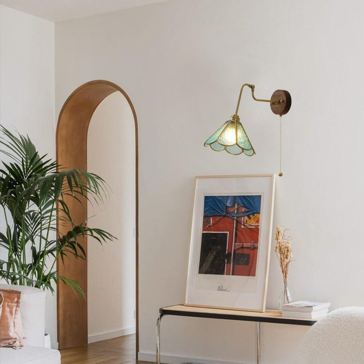 Vintage Green Floral Metal Wall Lamp with Pull Chain Image - 3