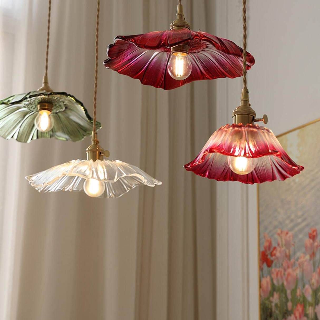 Vintage Green Glass Flower Brass Pendant Light Image - 4