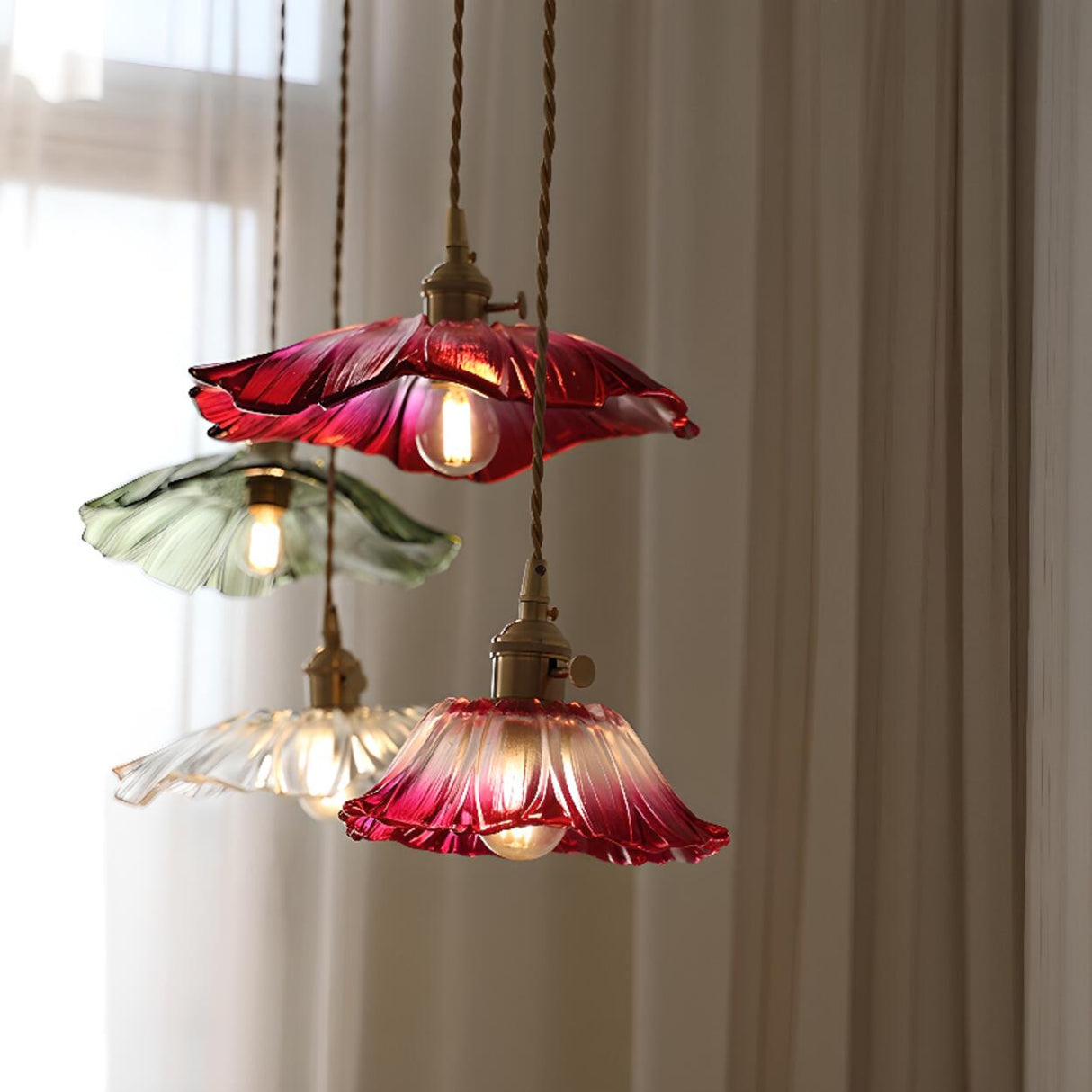 Vintage Green Glass Flower Brass Pendant Light Image - 6