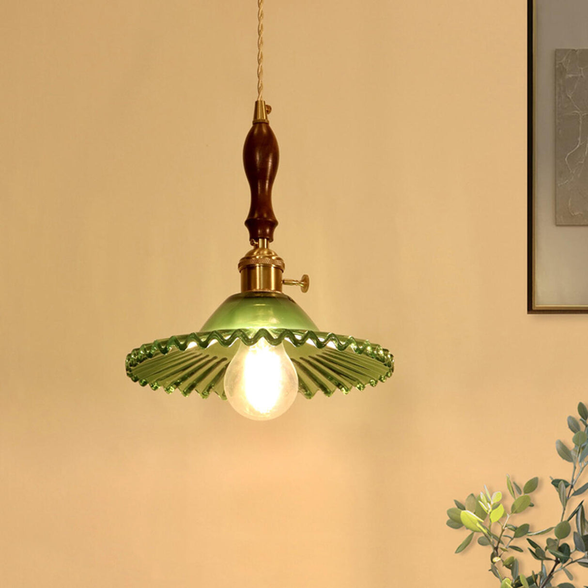 Vintage Green Glass Pendant Light Brass and Wooden Accent Image - 1