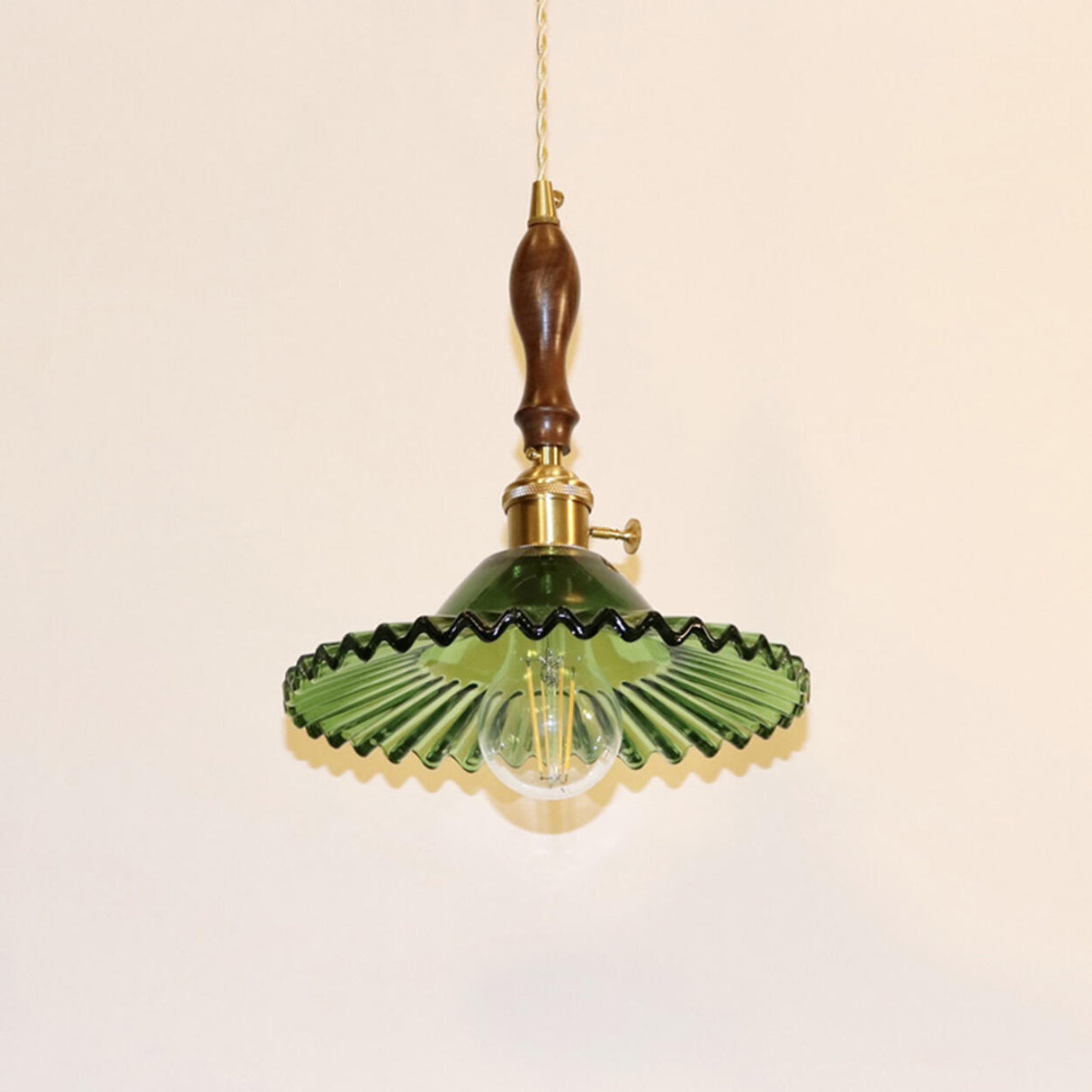 Vintage Green Glass Pendant Light Brass and Wooden Accent Image - 10