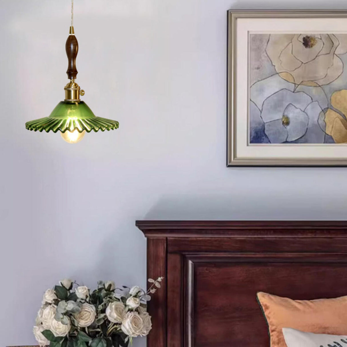 Vintage Green Glass Pendant Light Brass and Wooden Accent Image - 3