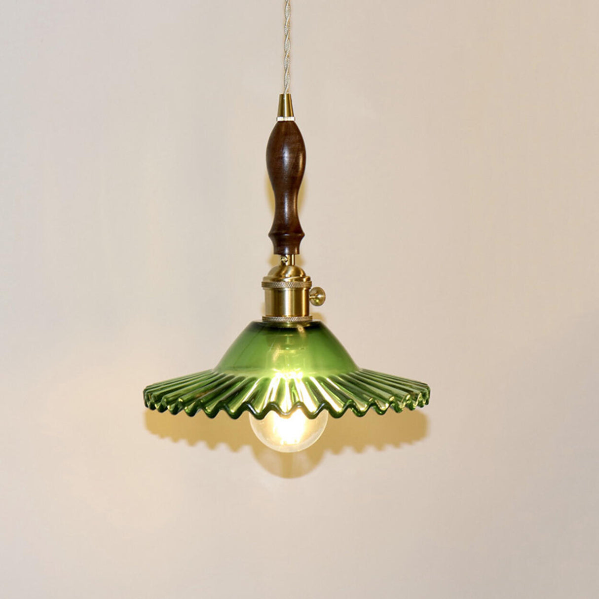 Vintage Green Glass Pendant Light Brass and Wooden Accent Image - 8