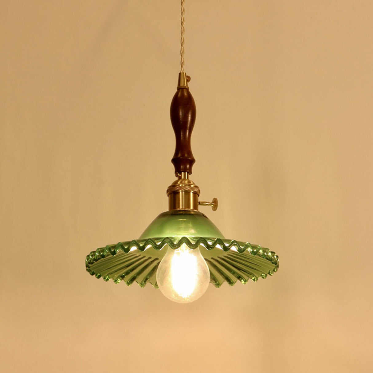 Vintage Green Glass Pendant Light Brass and Wooden Accent Image - 9