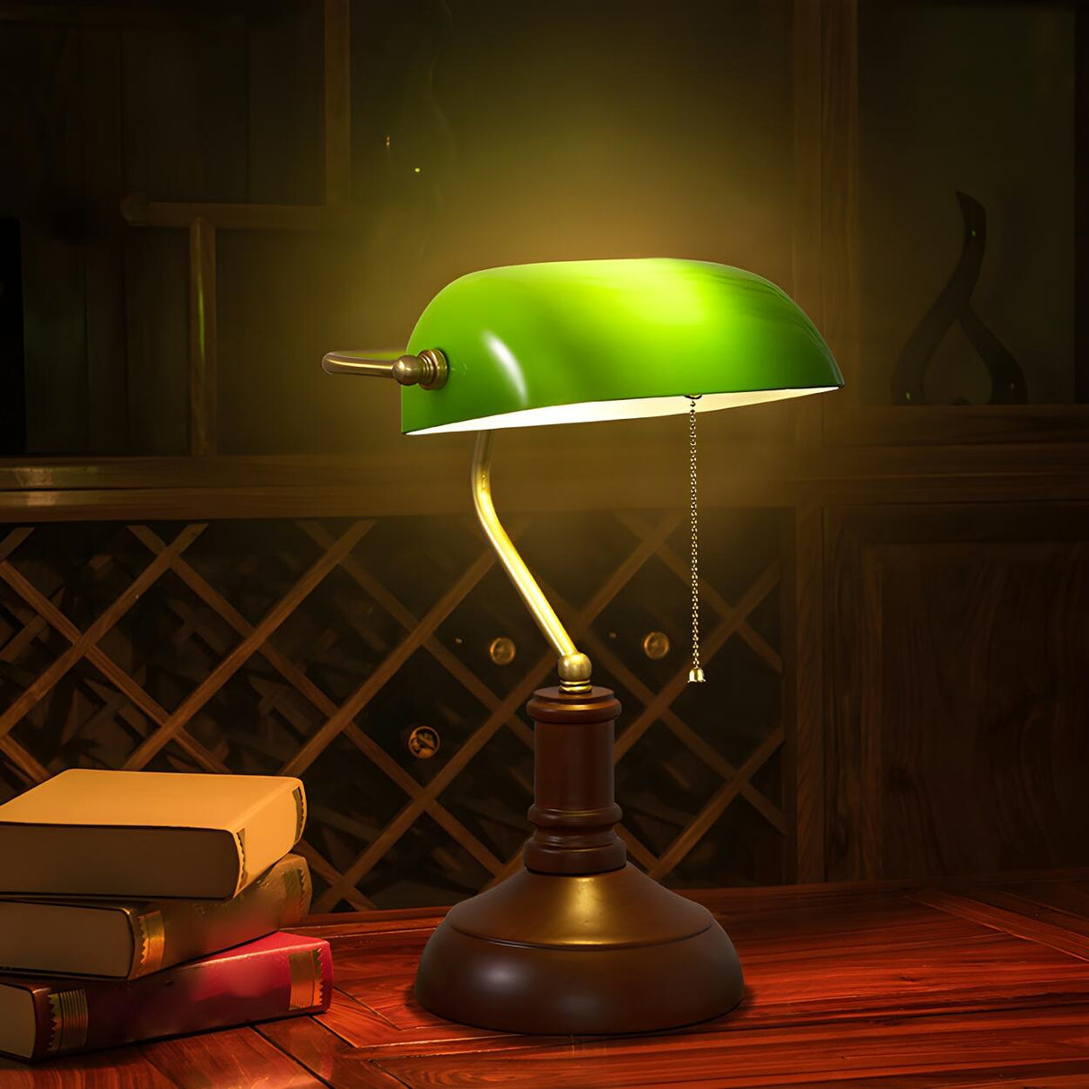 Vintage Green Glass Shade Wood Base Banker Table Lamp Image - 3