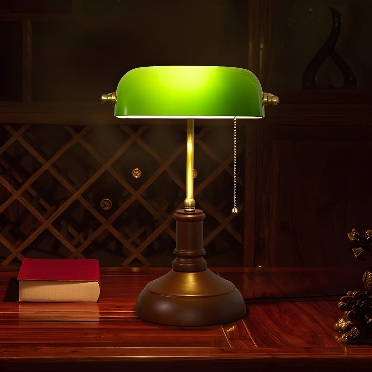 Vintage Green Glass Shade Wood Base Banker Table Lamp Image - 4