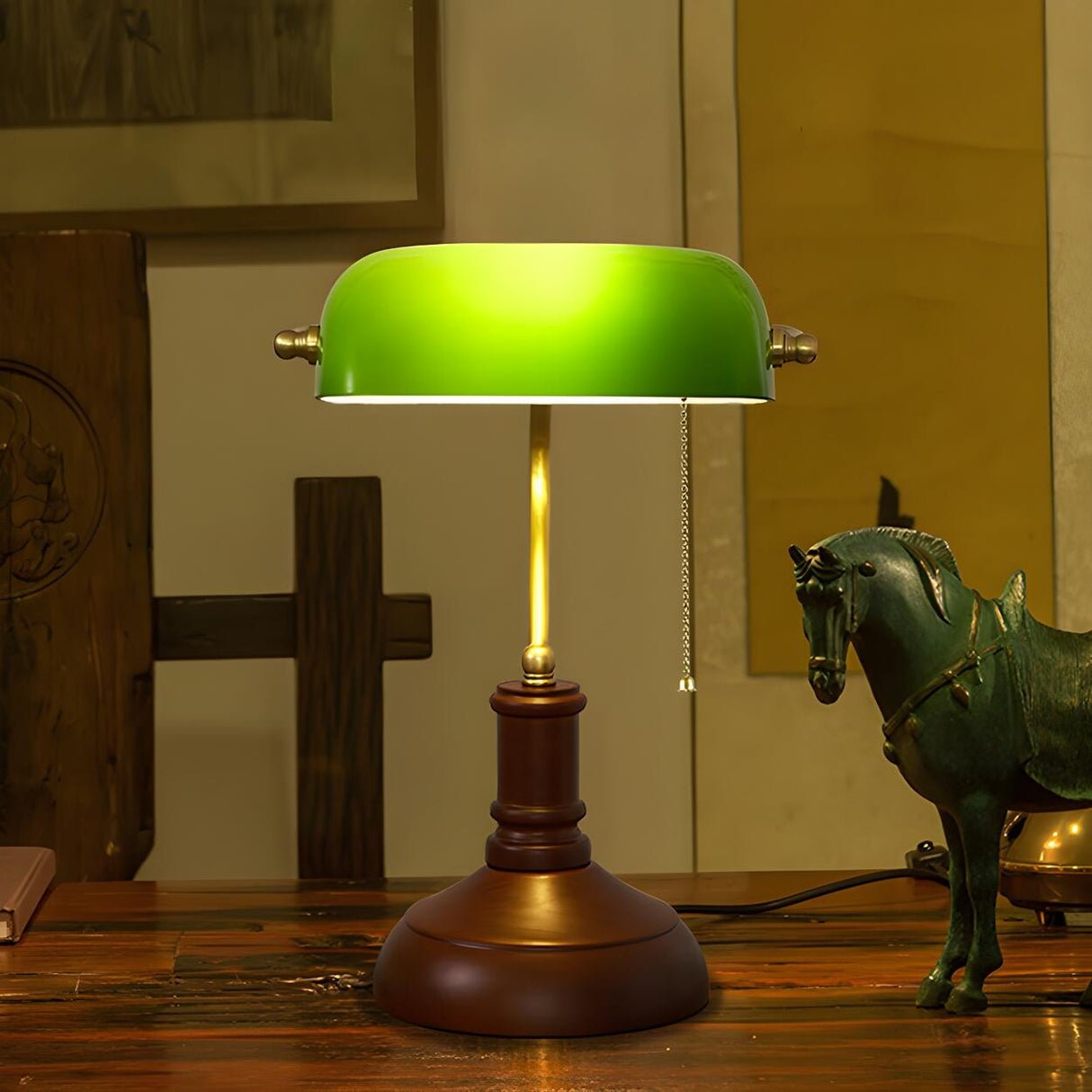Vintage Green Glass Shade Wood Base Banker Table Lamp Image - 5