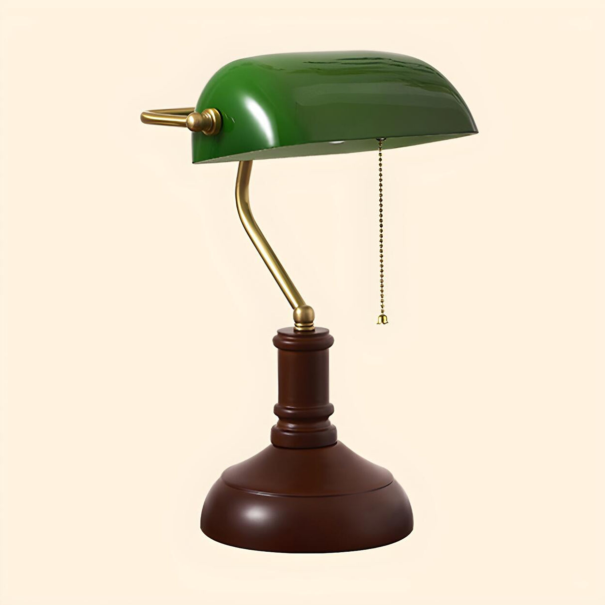 Vintage Green Glass Shade Wood Base Banker Table Lamp Image - 7