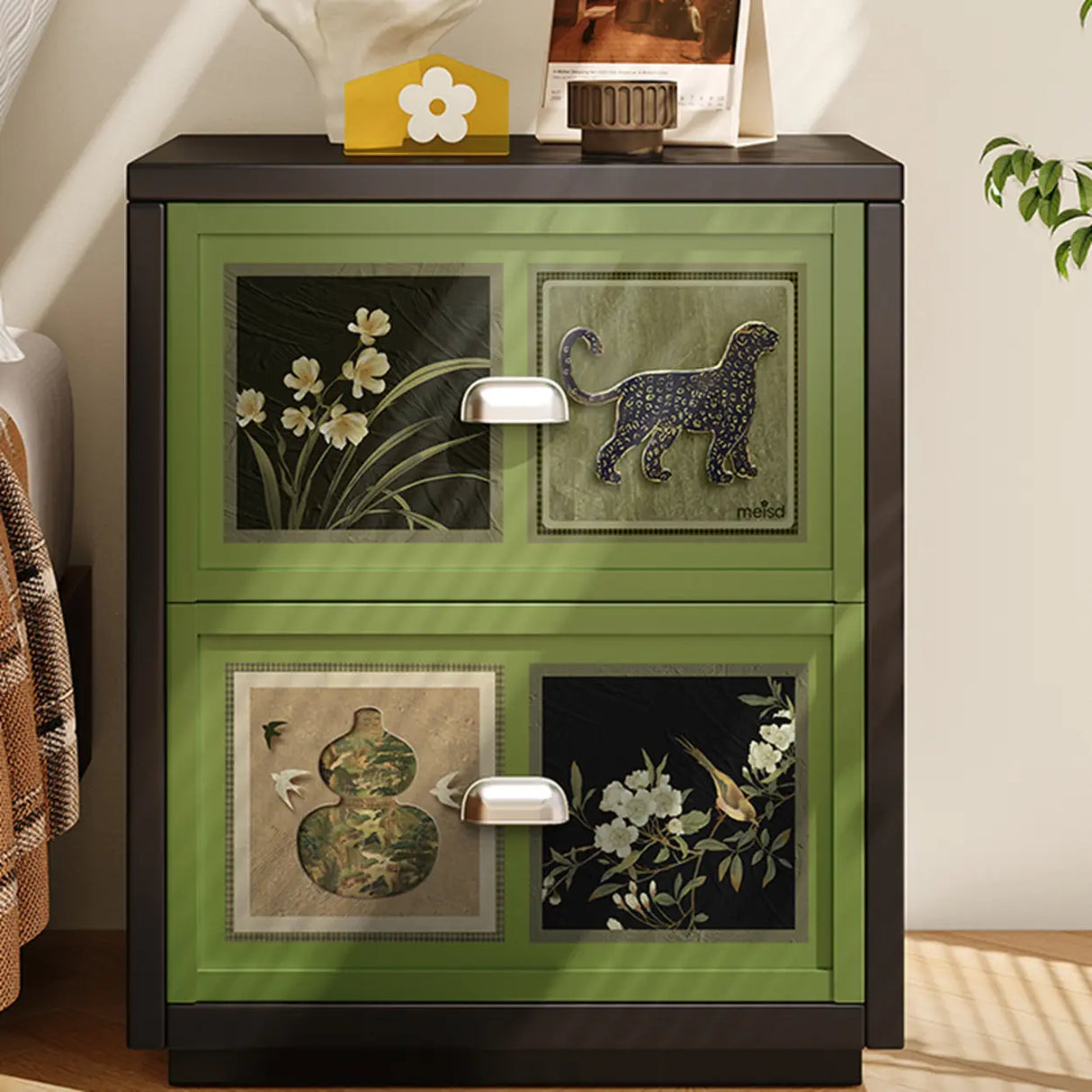 Vintage Green Nightstand with Artistic Drawer Panels Image - 1
