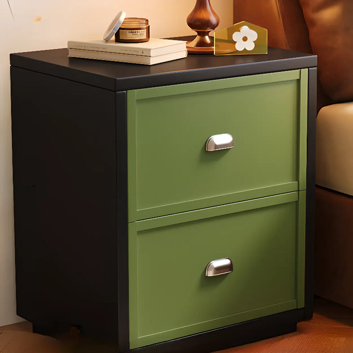 Vintage Green Nightstand with Artistic Drawer Panels Image - 2