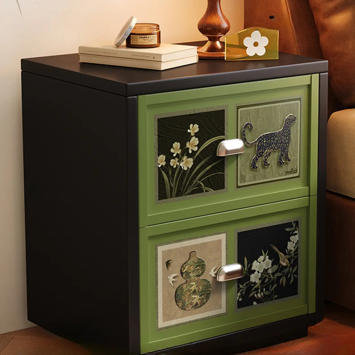 Vintage Green Nightstand with Artistic Drawer Panels Image - 3