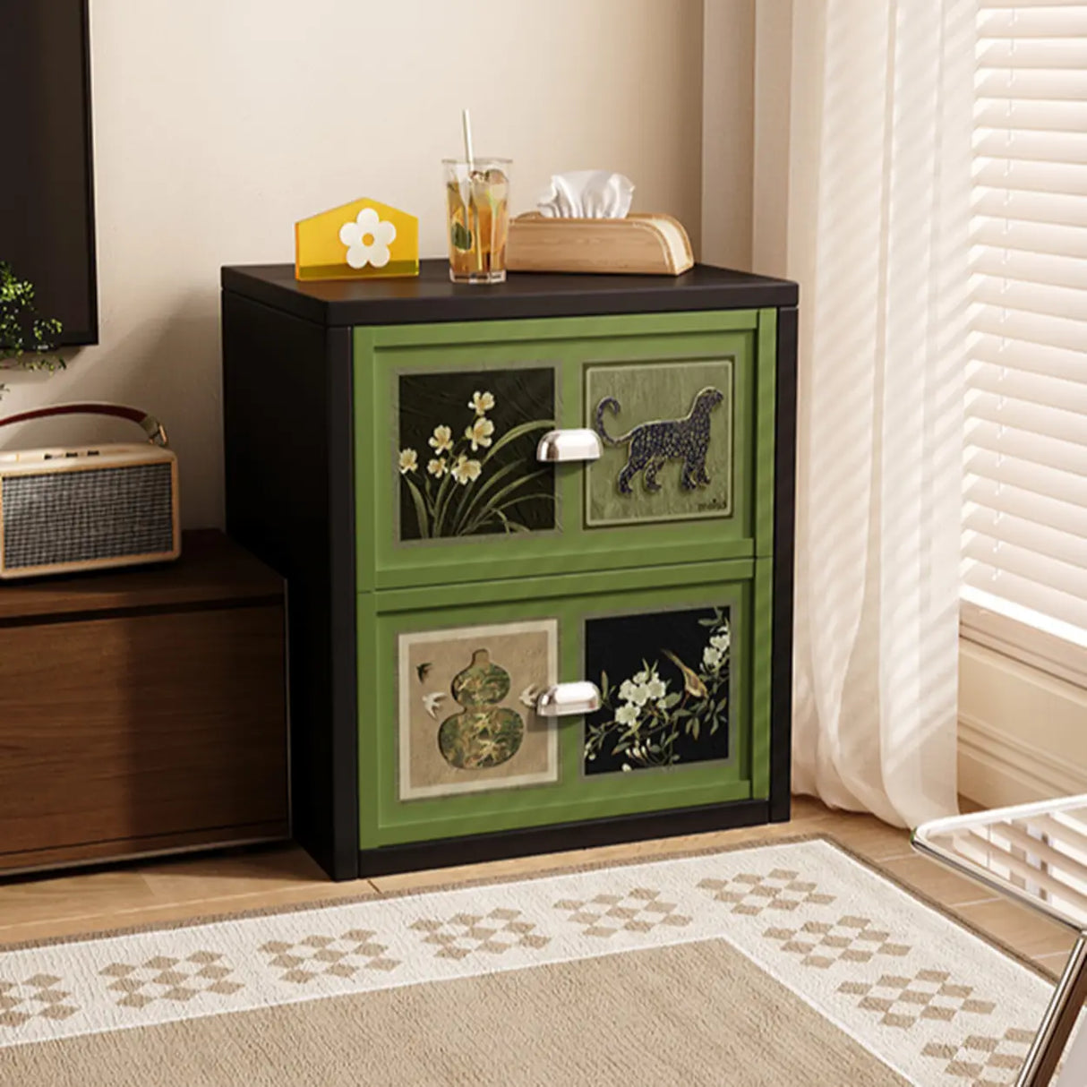 Vintage Green Nightstand with Artistic Drawer Panels Image - 4